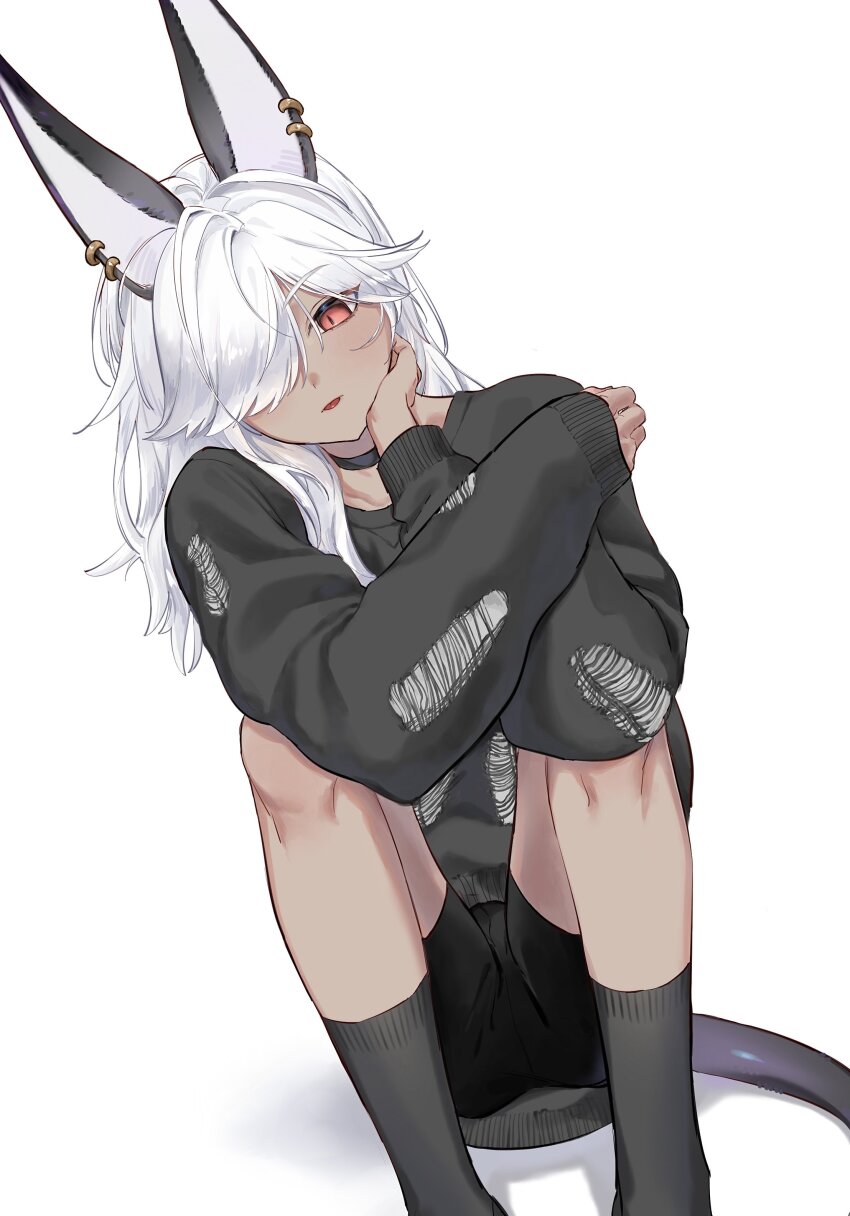 1boy, absurdres, alternate_costume, animal_ears, black_choker, black_shorts, black_socks, black_sweater