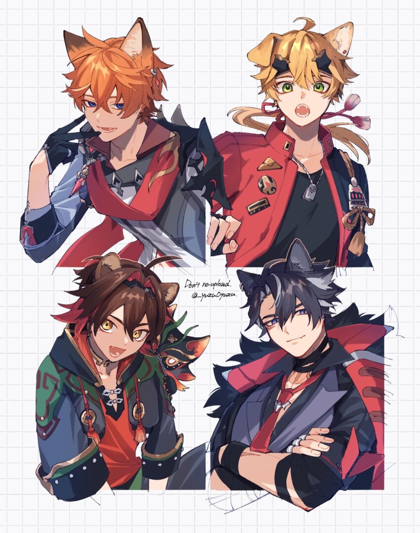 4boys, animal_ear_fluff, animal_ears, bandaged_neck, bandages, black_gloves, black_hair, blonde_hair, blue_eyes, brown_hair, closed_mouth, commentary, crossed_arms, dog_tags, ear_piercing, earrings, fang, gaming_(genshin_impact), genshin_impact, gloves, green_eyes, grey_hair, hair_between_eyes, hair_intakes, headband, highres, hood, hood_down, hooded_jacket, jacket, jewelry, looking_at_viewer, male_focus, man_chai_(genshin_impact), multicolored_hair, multiple_boys, neck_ring, necktie, open_mouth, orange_hair, piercing, red_hair, red_necktie, red_scarf, sakura_0270, scarf, single_earring, skin_fang, untranslatable_commentary, tartaglia_(genshin_impact), tassel, thoma_(genshin_impact), twitter_username, upper_body, wriothesley_(genshin_impact)