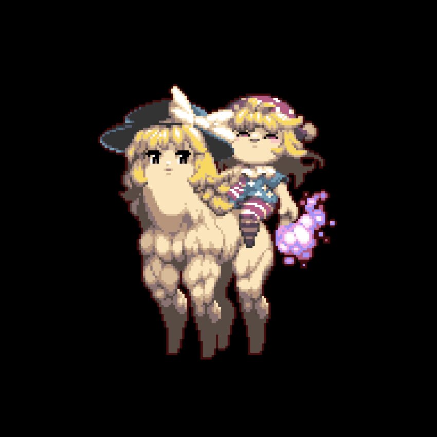 2girls, american_flag_dress, american_flag_legwear, black_background, black_headwear, blonde_hair, bow, chibi