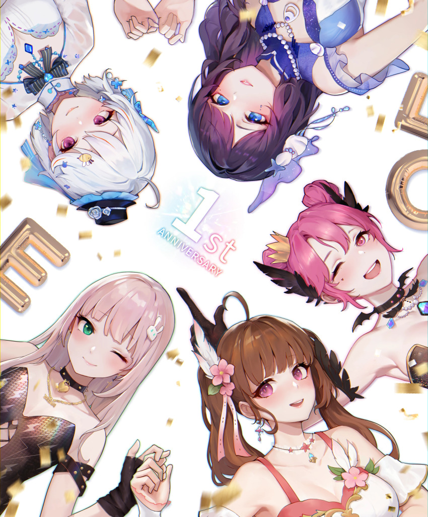 5girls, :d, ;), ;d, absurdres, anniversary, bare_shoulders, black_bow