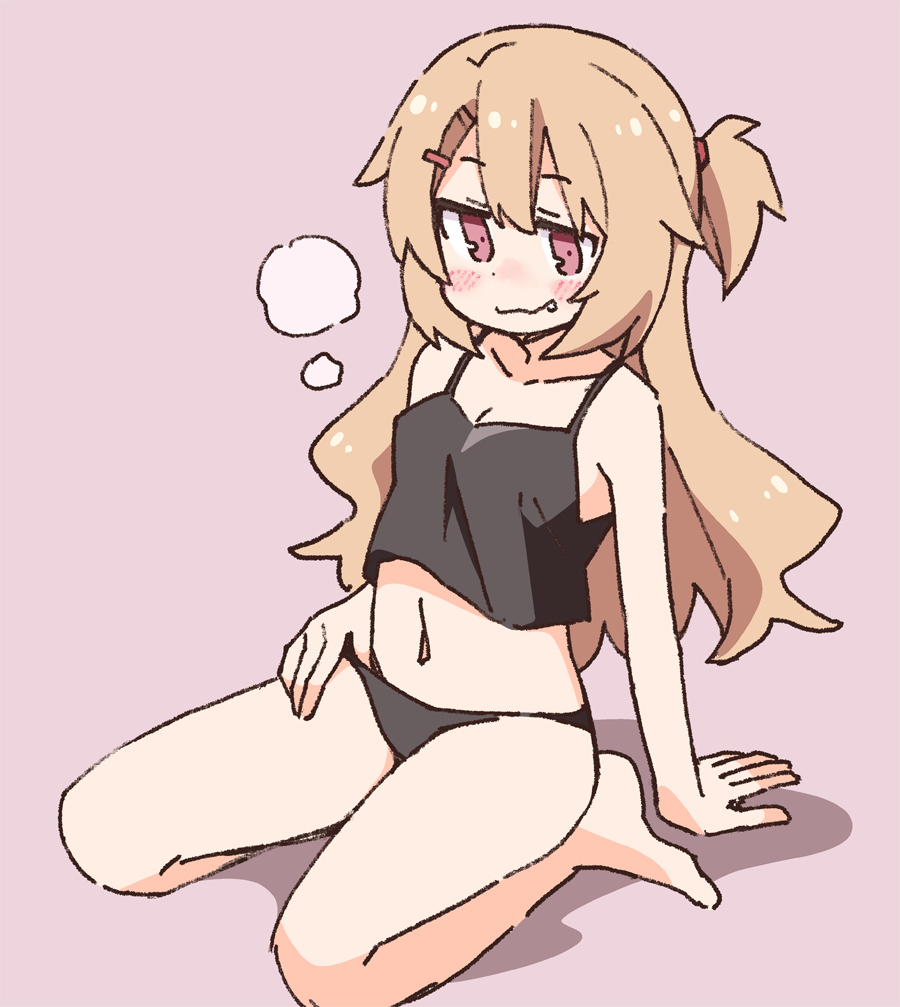 1girl, bare_arms, bare_legs, bare_shoulders, barefoot, black_camisole, black_panties, blush, breasts, camisole, collarbone, commentary_request, dot_nose, fang, fang_out, full_body, hair_between_eyes, hair_ornament, hairclip, hand_on_own_thigh, light_brown_hair, long_hair, looking_at_viewer, mesugaki_(nekotoufu), navel, nekotoufu, one_side_up, original, panties, pink_background, red_eyes, simple_background, sitting, small_breasts, smile, solo, underwear