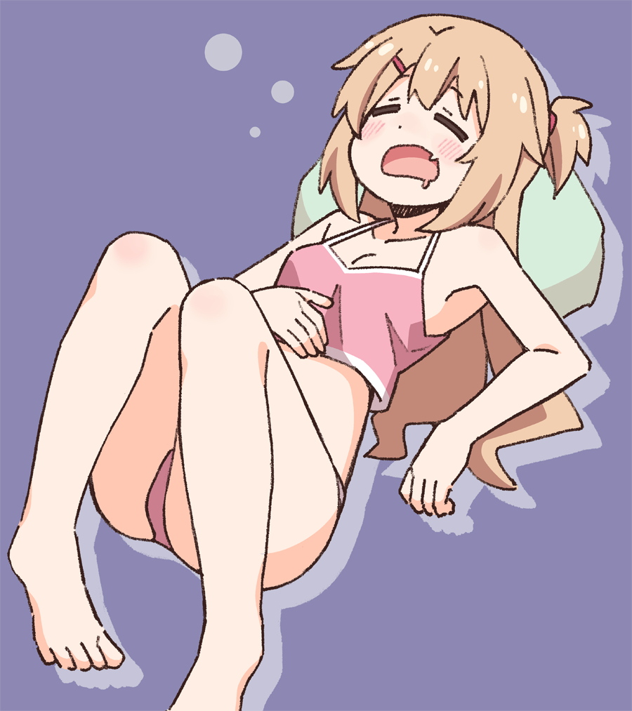 1girl, bare_arms, bare_legs, bare_shoulders, barefoot, breasts, camisole, commentary