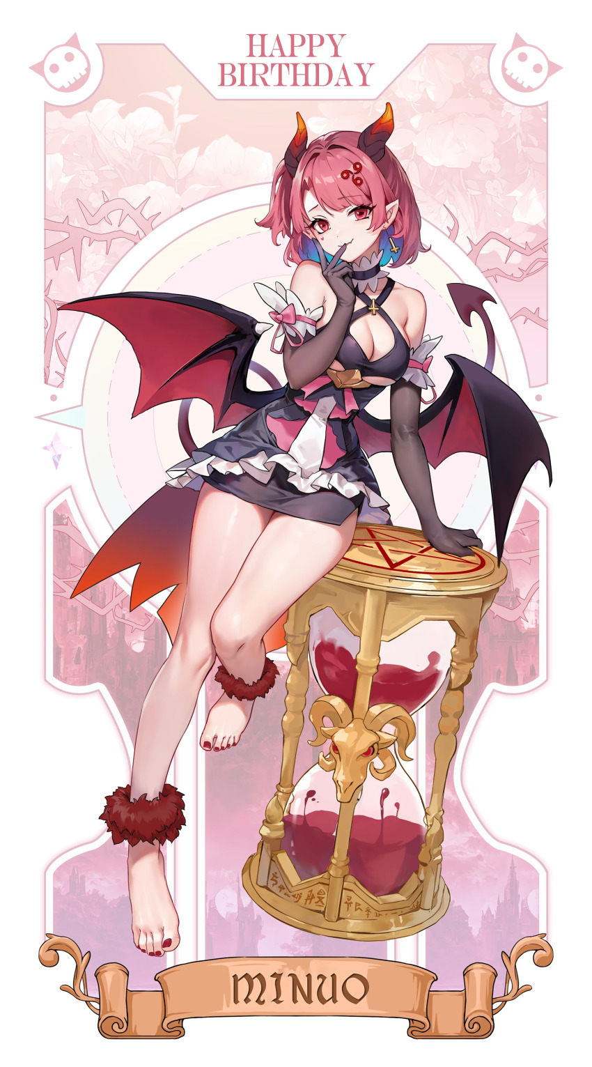 1girl, absurdres, ankle_cuffs, arm_support, bare_legs, bare_shoulders, barefoot, black_choker, black_dress, black_gloves, black_horns, black_wings, blue_hair, breasts, character_name, choker, cleavage, cleavage_cutout, clothing_cutout, colored_inner_hair, demon_girl, demon_horns, demon_tail, demon_wings, dress, elbow_gloves, eoe, facial_mark, fang, finger_to_mouth, frilled_dress, frills, full_body, fur_cuffs, gloves, hair_ornament, hand_on_own_face, hand_up, happy_birthday, heart, heart_facial_mark, highres, horns, hourglass, large_breasts, leg_up, looking_at_viewer, low_wings, minuo_(eoe), multicolored_hair, nail_polish, one_side_up, pink_background, pink_eyes, pink_hair, red_nails, red_tail, red_wings, renjian_meihao_guanceji, short_dress, short_hair, sitting, sleeveless, sleeveless_dress, smile, solo, tail, toenail_polish, toenails, underboob_cutout, virtual_youtuber, white_background, wings