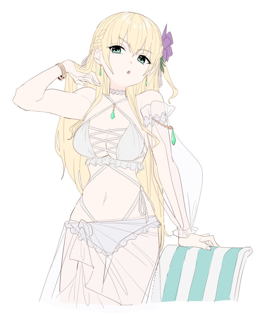 benbe, bikini, blonde_hair, braid, green_eyes, half_up_braid, heaven_burns_red, highres