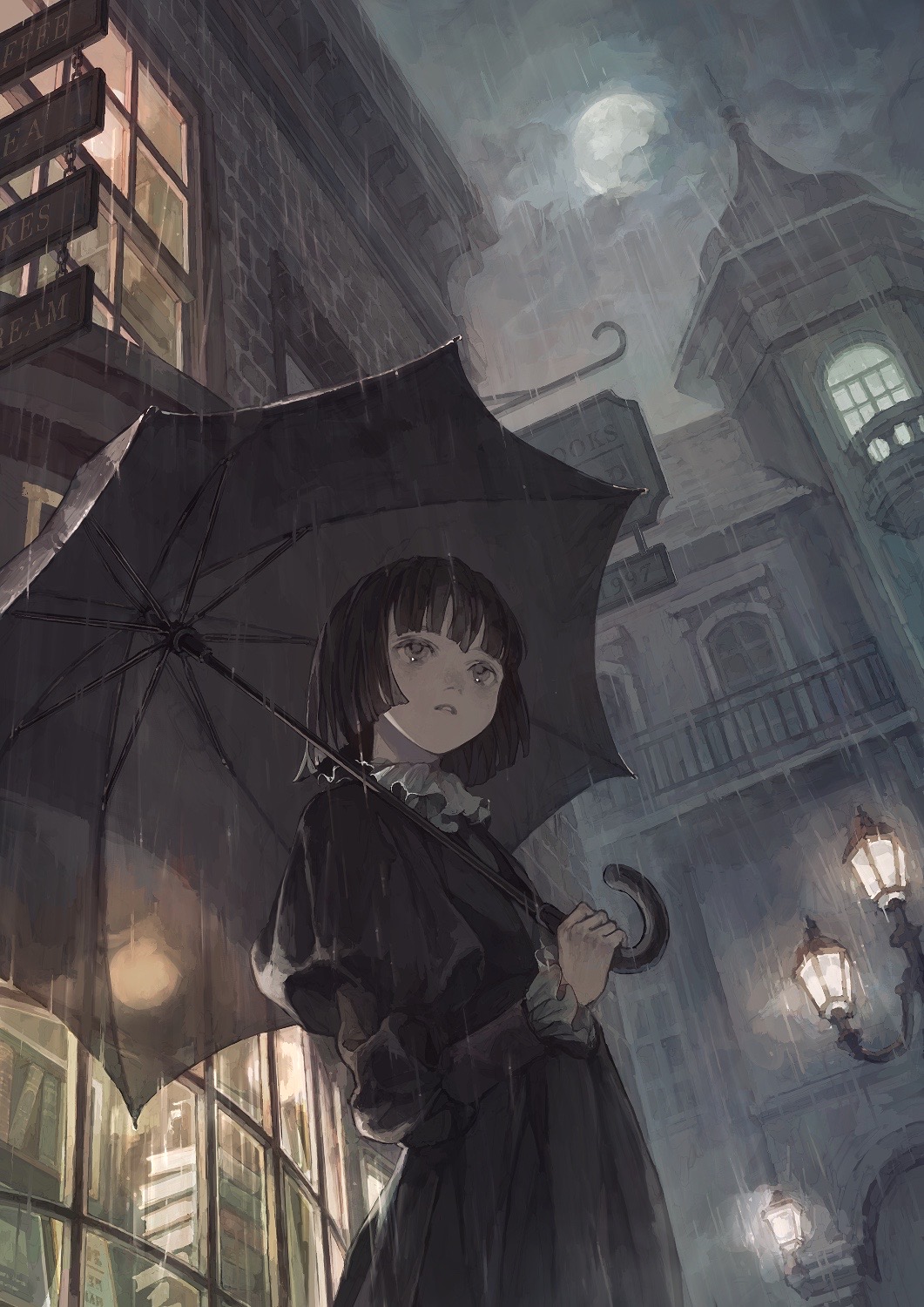 1girl, black_dress, black_hair, black_umbrella, bob_cut, cityscape, cloud, commentary