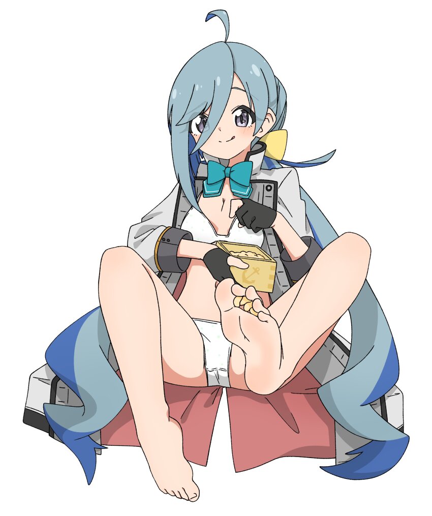 absurdres, ahoge, aqua_bow, aqua_bowtie, barefoot, black_gloves, bow, bowtie