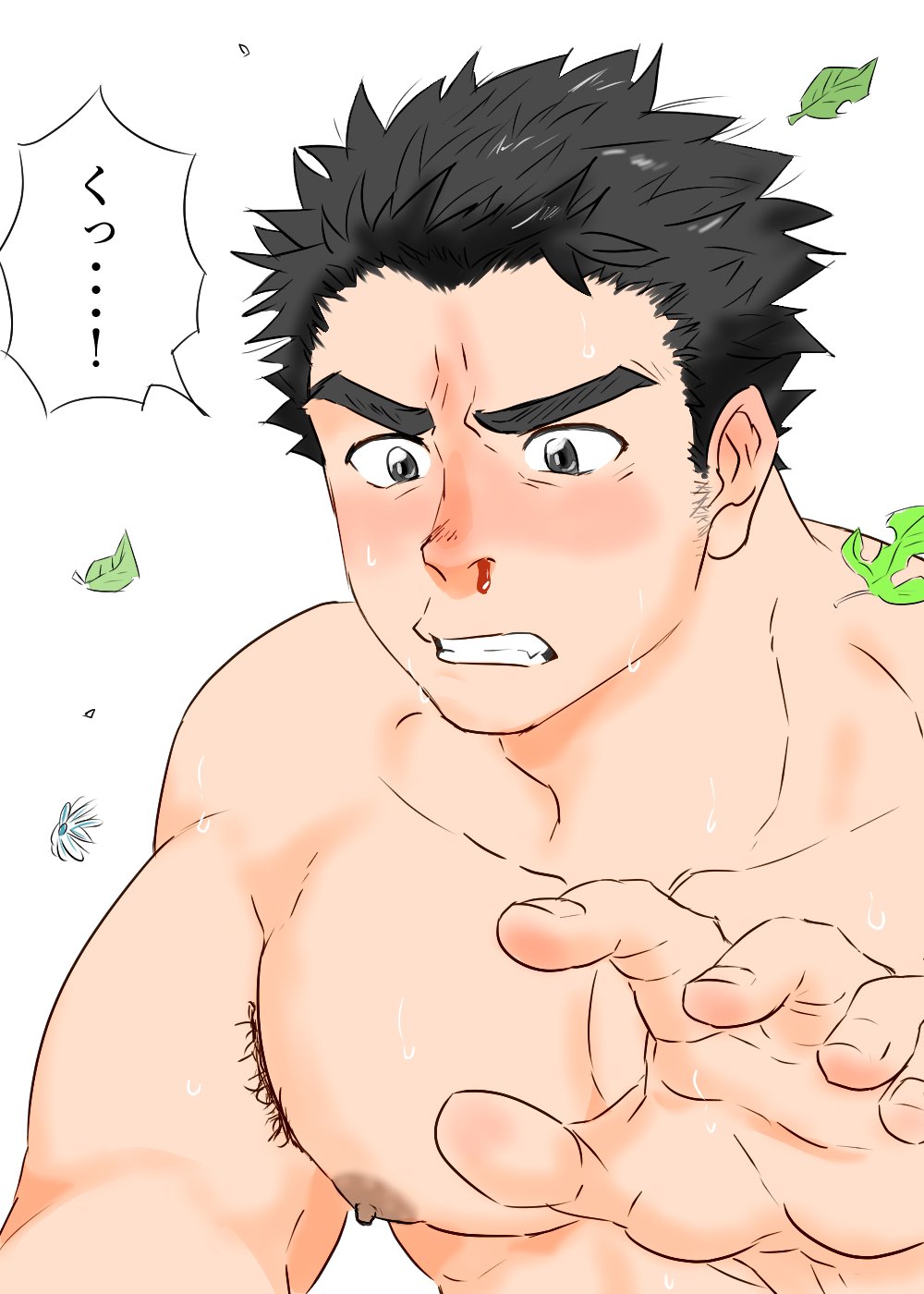 1boy, armpit_hair, armpit_hair_peek, aroused_nosebleed, bad_id, bad_twitter_id, bara, blush