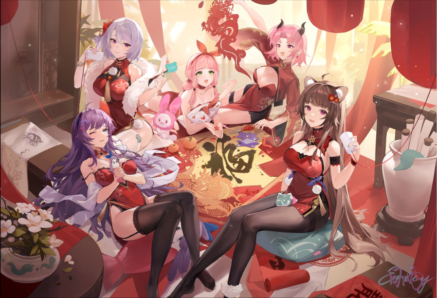 5girls, :d, ;), ahoge, animal_ears, bare_shoulders, black_pantyhose, black_thighhighs, blue_eyes, bow, bow_hairband, breasts, china_dress, chinese_clothes, chinese_new_year, chinese_paper-cut, cleavage, commission, cushion, dao_fu, demon_horns, dress, eoe, feather_boa, feet_up, flower, full_body, garter_straps, good_fortune_symbol, green_eyes, hair_flower, hair_ornament, hairband, horns, indoors, knees_up, lantern, large_breasts, long_hair, long_sleeves, looking_at_viewer, low_twintails, luzao_(eoe), lying, miao_tang_yu_panduola_he, minuo_(eoe), multiple_girls, no_shoes, off_shoulder, on_back, on_side, on_stomach, one_eye_closed, one_side_up, open_mouth, pantyhose, paper_lantern, pelvic_curtain, pink_eyes, pink_hair, plant, potted_plant, purple_hair, raccoon_ears, red_bow, red_dress, red_flower, red_hairband, scroll, second-party_source, shirt, short_hair, sitting, sleeveless, sleeveless_shirt, smile, the_pose, thighhighs, twintails, very_long_hair, virtual_youtuber, wan'er_(eoe), white_flower, white_hair, white_thighhighs, you'en_(eoe), yumo_(eoe)