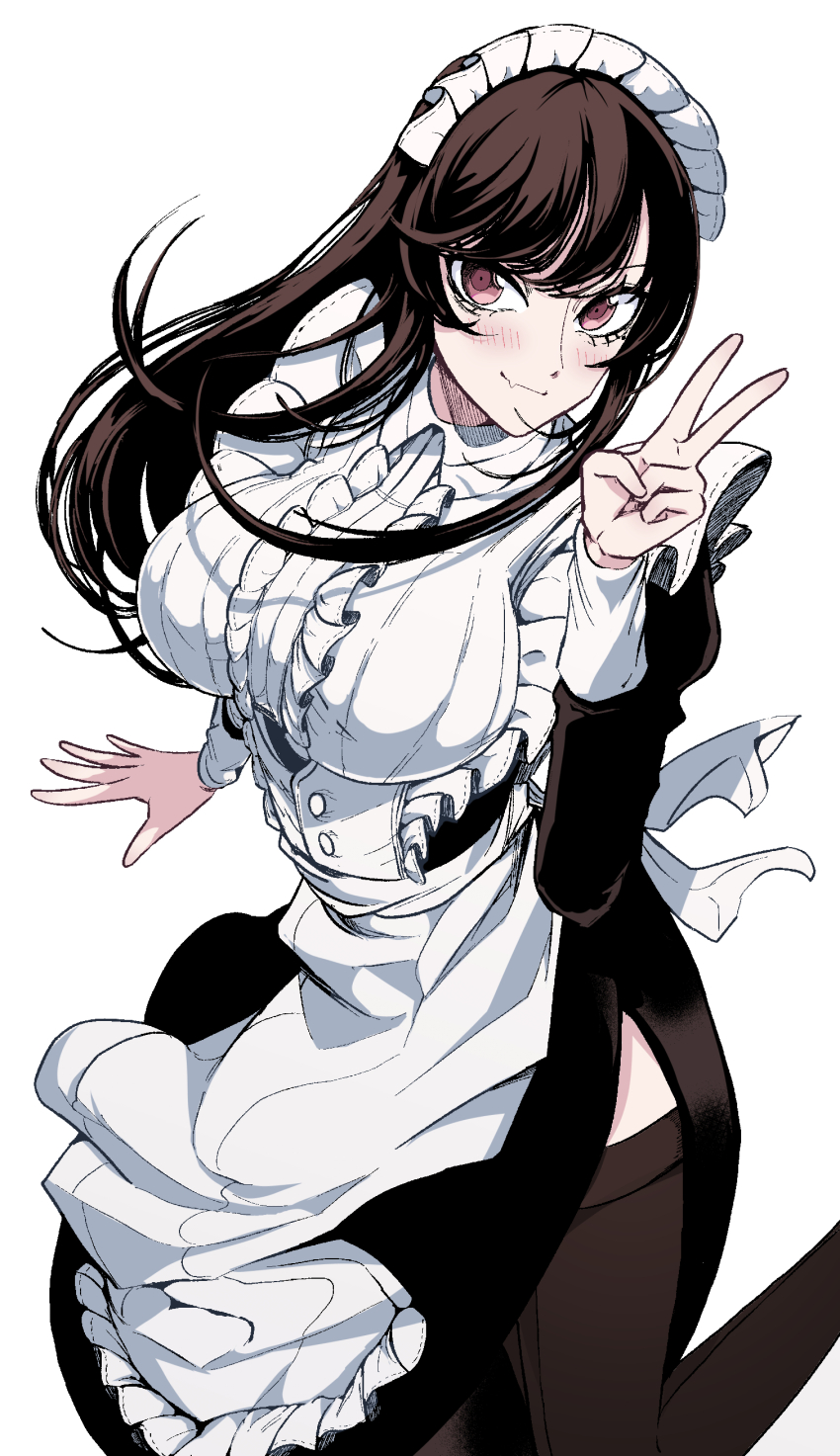 1girl, absurdres, apron, black_dress, black_eyeliner, black_hair, black_thighhighs, blush