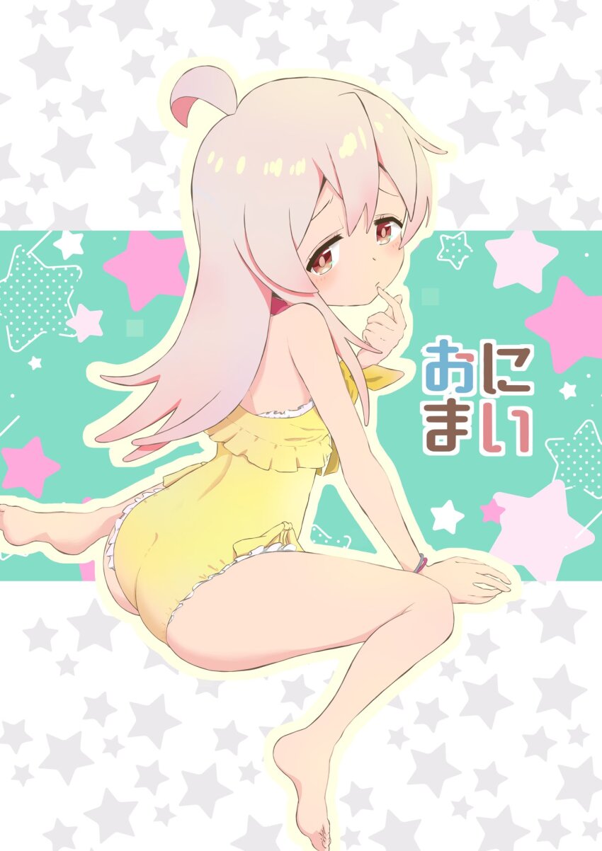 1girl, ahoge, ass, barefoot, brown_eyes, brown_hair, casual_one-piece_swimsuit, commentary_request