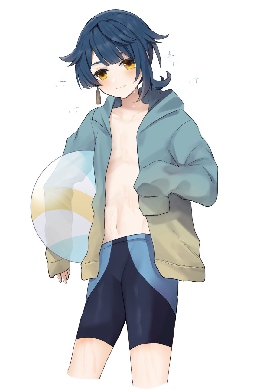 1boy, aqua_hood, ball, beachball, black_male_swimwear, blue_hair, closed_mouth, earrings
