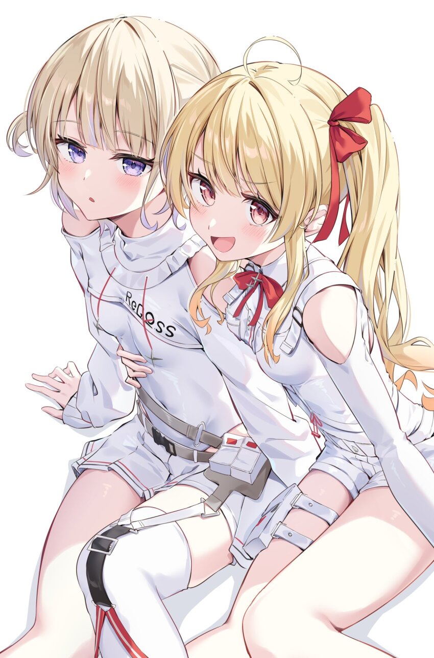 2girls, ahoge, belt, blonde_hair, blush, bow, covered_navel, hair_bow