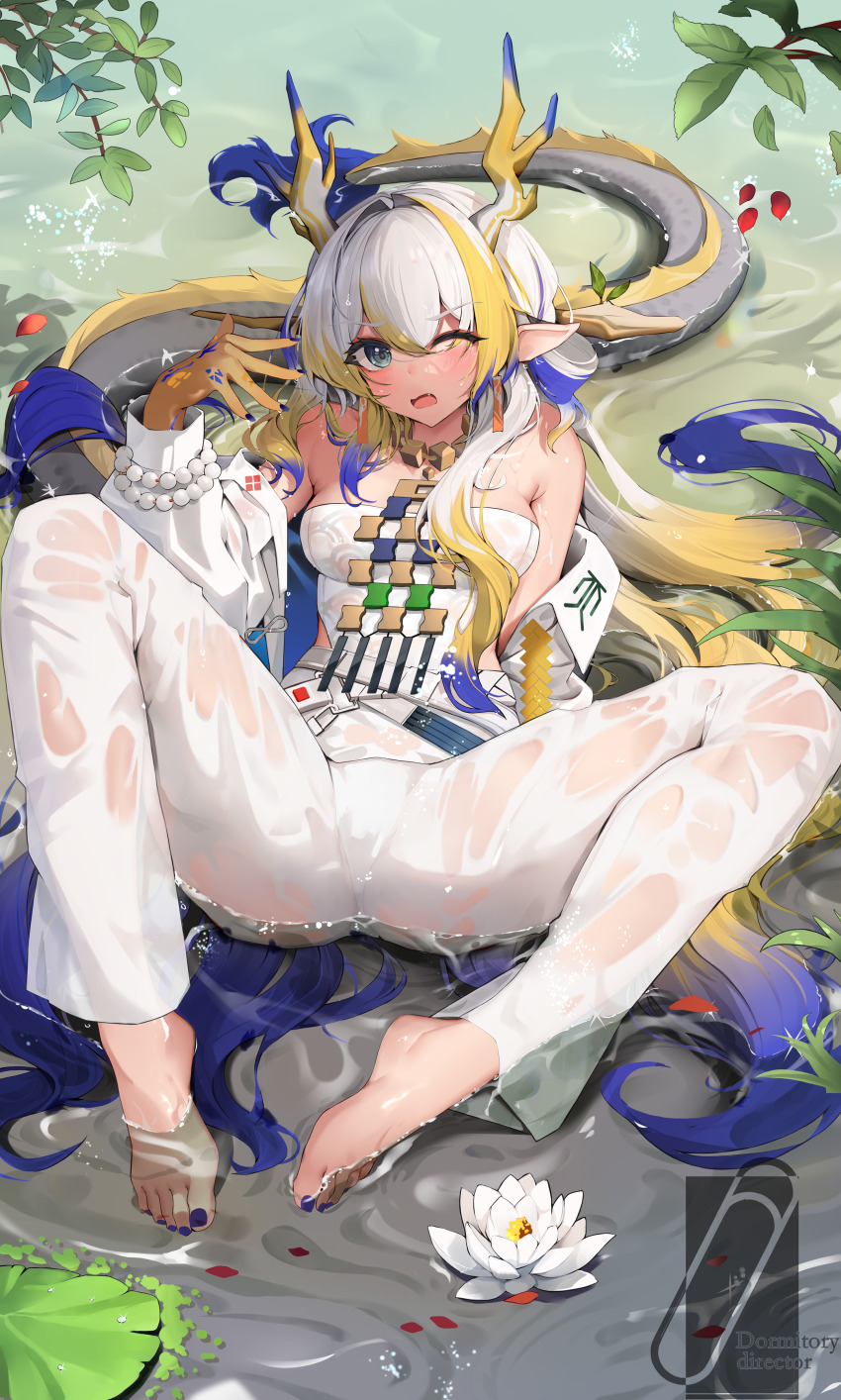 1girl, absurdres, arknights, bare_shoulders, barefoot, bead_bracelet, beads, blue_nails, bracelet, colored_tips, dormitory_director, dragon_girl, dragon_horns, dragon_tail, earrings, eastern_dragon_tail, eyeliner, fang, feet, flower, hair_ornament, hair_spread_out, hair_stick, highres, horns, jacket, jewelry, knee_up, long_hair, lotus, makeup, multicolored_hair, nail_polish, no_shoes, one_eye_closed, pants, partially_submerged, pointy_ears, red_eyeliner, red_pupils, shirt, shu_(arknights), sitting, spread_legs, strapless, strapless_shirt, tail, tassel, tassel_earrings, toenail_polish, toenails, toes, wet, wet_clothes, wet_shirt, white_hair, white_jacket, white_pants