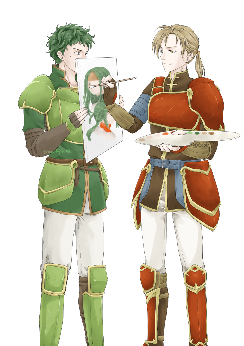 2boys, absurdres, armor, artist_name, belt, blonde_hair, brown_eyes, closed_mouth