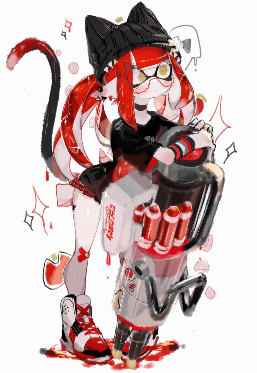 1girl, beanie, black_hat, black_nails, black_shirt, commentary_request, flat_chest, full_body, gun, hat, heavy_edit_splatling_(splatoon), high_tops, highres, holding, holding_weapon, inkling, inkling_girl, inkling_player_character, long_hair, miniskirt, nintendo, pointy_ears, red_hair, shirt, shoes, simple_background, skirt, sneakers, solo, sparkle, splatoon_(series), standing, tail, tentacle_hair, tentacles, usa37107692, weapon, white_background, yellow_eyes