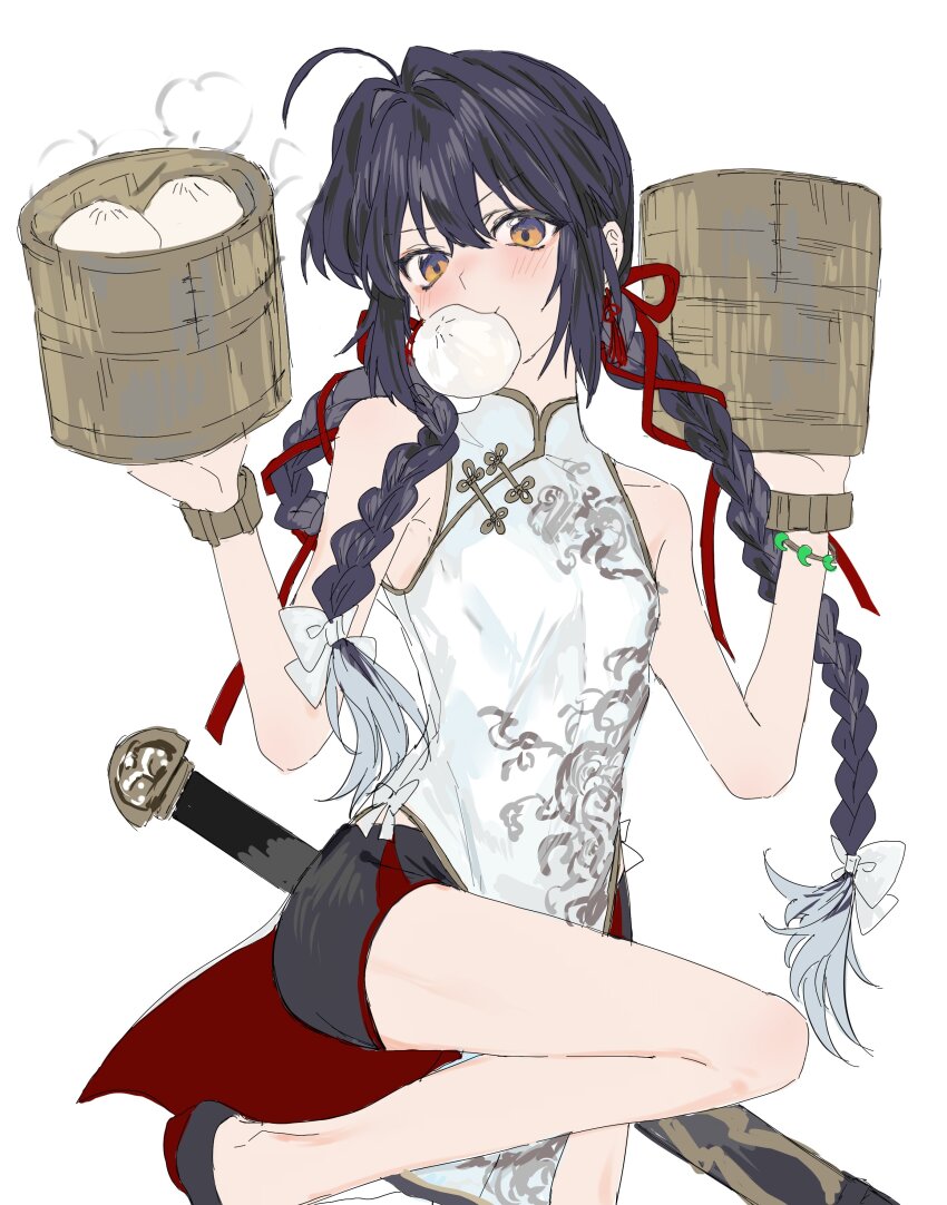 1other, absurdres, alternate_costume, alternate_hairstyle, androgynous, bamboo_steamer, black_hair, bracelet