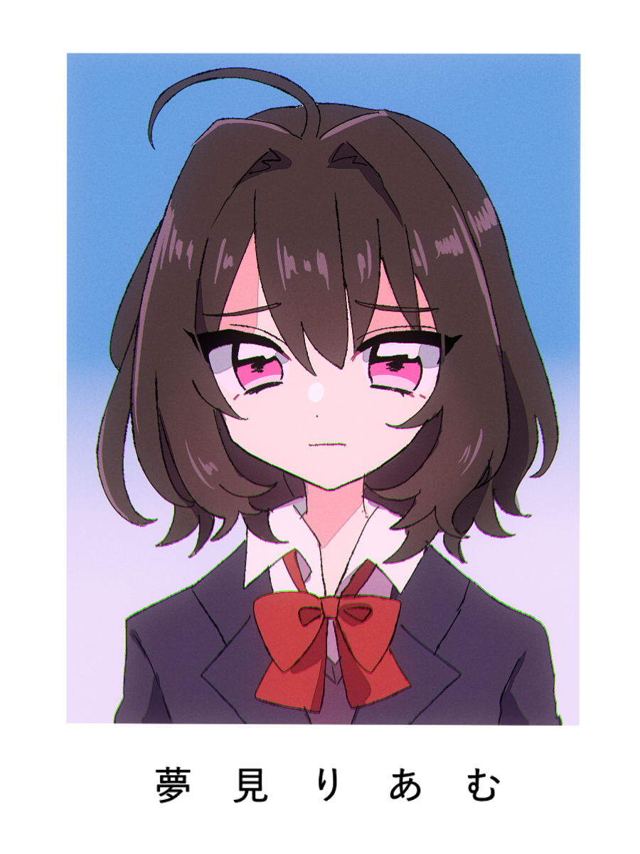 1girl, ahoge, bob_cut, bow, bowtie, brown_hair, character_name, commentary_request