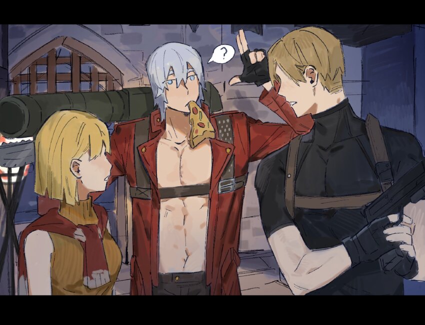 1girl, 2boys, ?, abs, ashley_graham, ashui_ashui, belt_bra, blonde_hair, capcom, castle, coat, company_connection, crossover, dante_(devil_may_cry), devil_may_cry, devil_may_cry_(series), devil_may_cry_3, fingerless_gloves, food, gloves, gun, handgun, highres, leon_s._kennedy, multiple_boys, pizza, red_coat, resident_evil, resident_evil_4, rocket_launcher, short_hair, sweater, weapon, white_hair