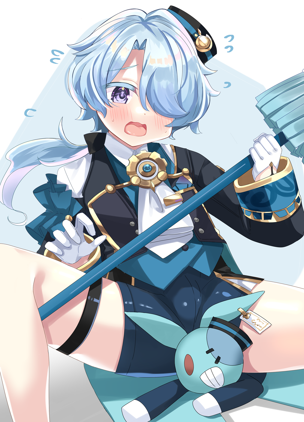 1boy, androgynous, ascot, blush, broom, bulge, clothes, gloves