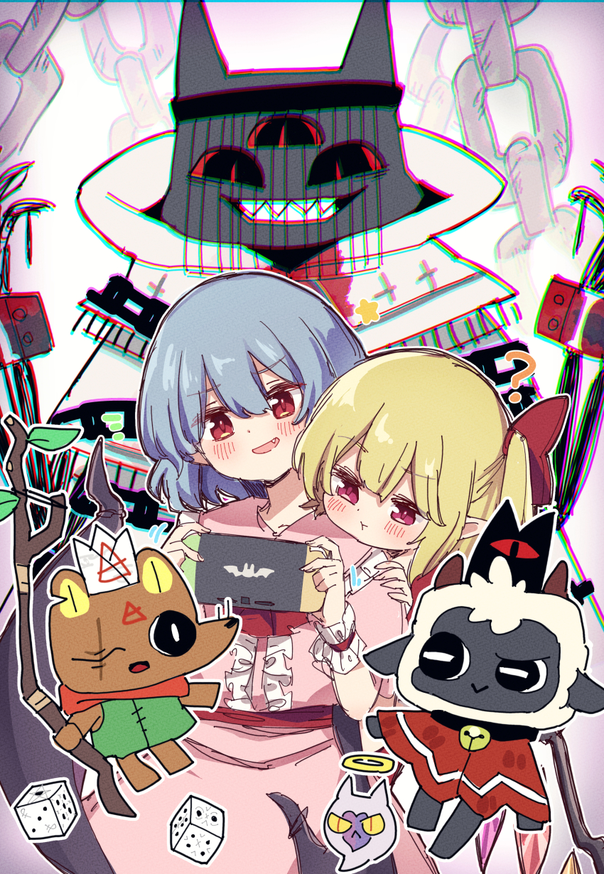 2girls, ?, absurdres, ascot, blonde_hair, blue_hair, cult_of_the_lamb, dress