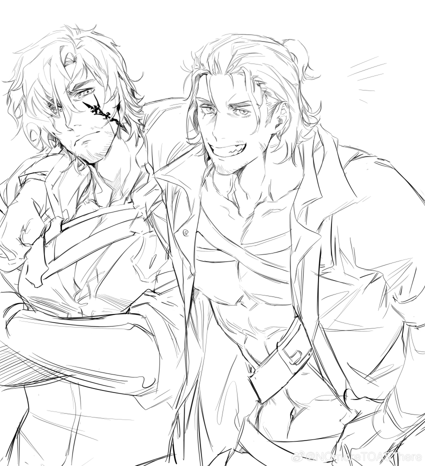 2boys, abs, absurdres, adventurer_(ff14), bara, beard_stubble, chest_harness, clive_rosfield, facial_hair, final_fantasy, final_fantasy_xiv, final_fantasy_xvi, greyscale, harness, head_tilt, highres, hyur, looking_at_viewer, male_focus, mature_male, medium_hair, monochrome, multiple_boys, muscular, muscular_male, mustache_stubble, navel, pectoral_cleavage, pectorals, scar, scar_across_eye, scar_on_face, smile, stubble, thick_eyebrows, toastskii, upper_body, viper_(final_fantasy), warrior_of_light_(ff14)