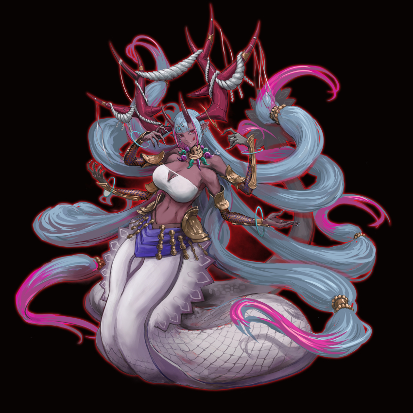 152_in_can, 1girl, :p, absurdres, arm_guards, blue_hair, bracelet, breasts