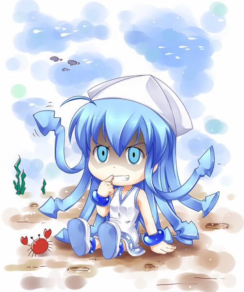 1girl, blue_eyes, blue_hair, bracelet, chibi, crab, female_focus, fijimoto_akio