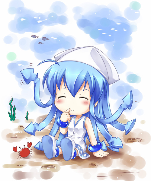 1girl, ^_^, blue_eyes, blue_hair, bracelet, chibi, closed_eyes, crab