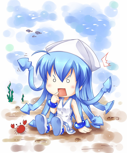 1girl, blue_eyes, blue_hair, bracelet, chibi, crab, female_focus, fijimoto_akio