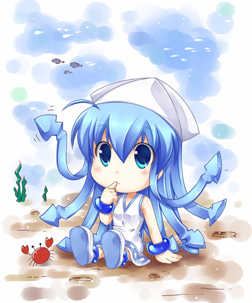 1girl, ahoge, animal_hat, blue_eyes, blue_hair, blush, bracelet, chibi