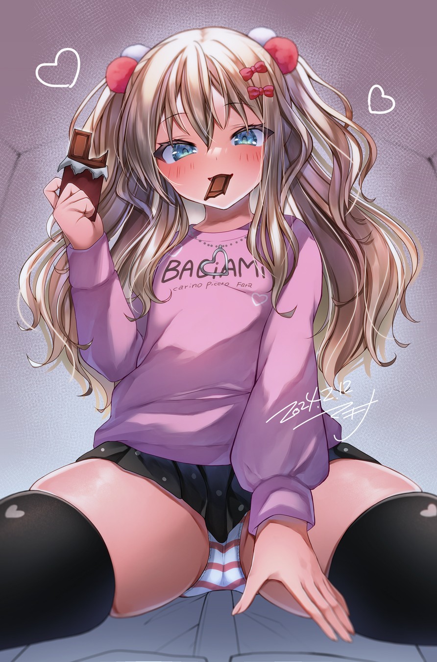 1girl, 1other, black_skirt, black_thighhighs, blonde_hair, candy, chocolate, chocolate_bar, clothes_writing, food, grecale_(kancolle), green_eyes, grey_background, highres, kantai_collection, long_hair, looking_at_viewer, makina00, mouth_hold, official_alternate_costume, panties, pink_sweater, pleated_skirt, skirt, striped_clothes, striped_panties, sweater, thighhighs, two_side_up, underwear