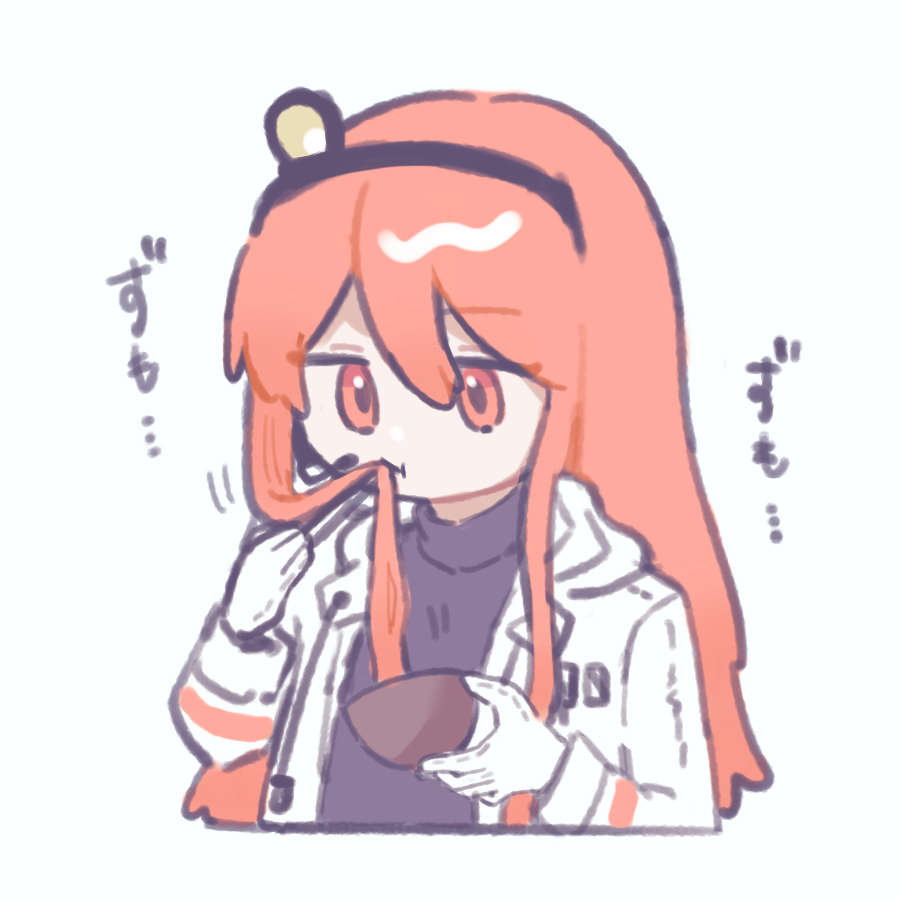 1girl, a.i._voice, adachi_rei, alternate_hair_length, alternate_hairstyle, black_shirt, bowl, chopsticks, commentary_request, cropped_torso, eating_hair, gloves, grey_background, hair_as_food, hair_down, hands_up, harunomoto, headlamp, headset, holding, holding_bowl, holding_chopsticks, hood, hood_down, hooded_jacket, jacket, long_hair, open_clothes, open_jacket, orange_eyes, orange_hair, shirt, sidelocks, simple_background, solo, translation_request, turtleneck, upper_body, utau, white_gloves, white_jacket