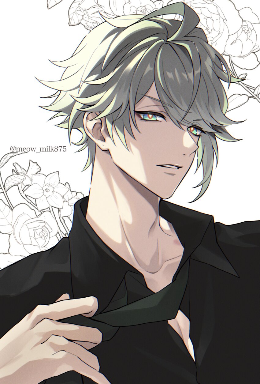 1boy, absurdres, alhaitham_(genshin_impact), black_shirt, collarbone, collared_shirt, genshin_impact, green_eyes