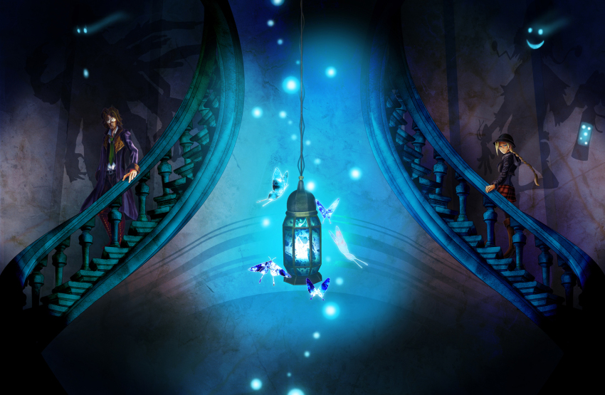 1boy, 1girl, blonde_hair, blue_eyes, boots, braid, brown_hair, bug, butterfly, coat, ellen_(folkssoul), folkssoul, glasses, hat, highres, insect, jacket, keats, long_hair, miniskirt, necktie, nill_(pixiv1317737), scarecrow, scarecrow_(folkssoul), single_braid, skirt, stairs, trench_coat