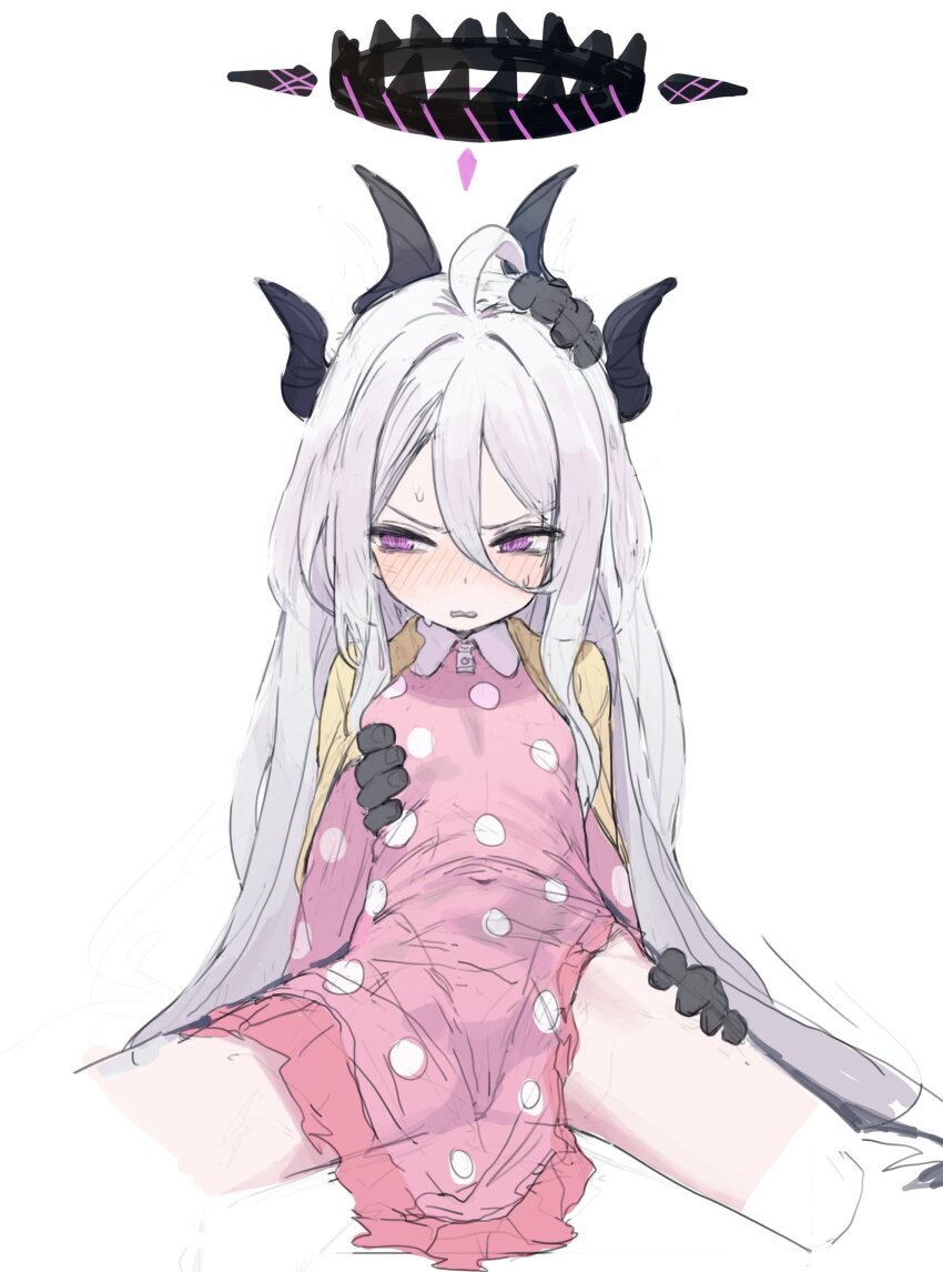 absurdres, ahoge, black_halo, blue_archive, blush, breasts, chestnut_mouth, dydldidl, grabbing_another's_breast, grabbing_from_behind, groping, halo, highres, hina_(blue_archive), lingerie, loli, long_hair, negligee, panties, purple_eyes, simple_background, small_breasts, spread_legs, sweat, underwear, white_background