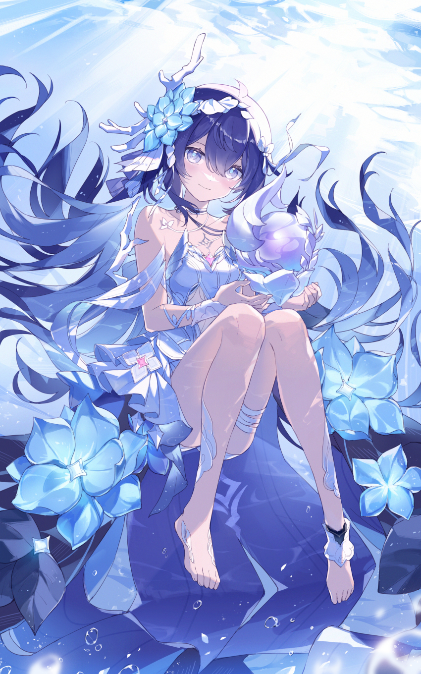 1girl, absurdres, bare_shoulders, barefoot, blue_dress, blue_eyes, blue_flower, blue_hair, blue_theme, chest_tattoo, chinese_commentary, choker, closed_mouth, dress, floating_hair, flower, full_body, gao_hai_takami, hair_between_eyes, hair_flower, hair_ornament, highres, honkai_(series), honkai_impact_3rd, legs, long_hair, looking_at_viewer, multicolored_hair, seele_vollerei, seele_vollerei_(herrscher_of_rebirth), sleeveless, sleeveless_dress, smile, solo, tattoo, two-tone_hair, underwater, very_long_hair, white_dress