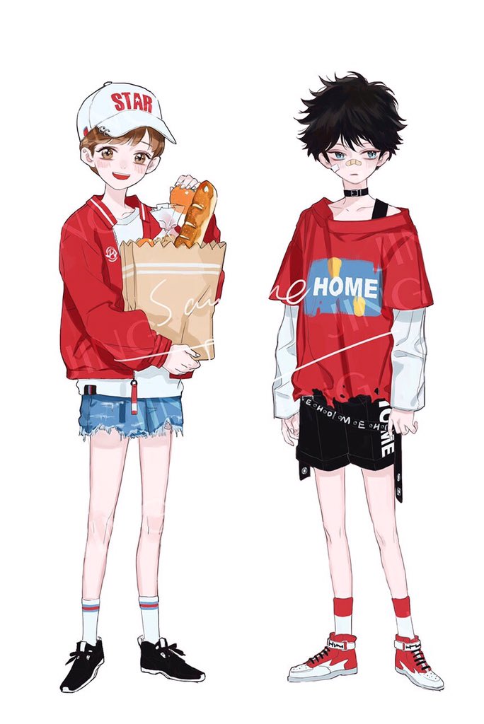 2boys, ankle_socks, artist_name, ashuijing, bag, baguette, bandaid, bandaid_on_face