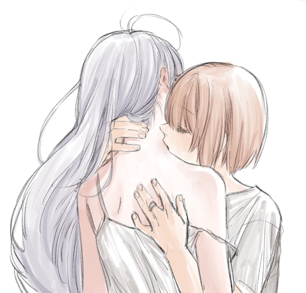 2girls, aoba_chika, bare_shoulders, brown_hair, closed_eyes, facing_another, facing_away, hair_lift