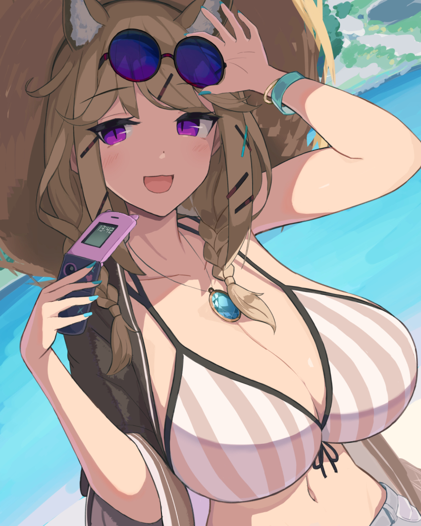 1girl, 8ka43, animal_ear_fluff, animal_ears, aqua_nails, arknights, breasts, brown_hair, collarbone, dutch_angle, eyewear_on_head, hat, highres, holding, holding_phone, jewelry, large_breasts, medium_hair, necklace, open_mouth, outdoors, phone, round_eyewear, sidelocks, slit_pupils, solo, sun_hat, swimsuit, upper_body, utage_(arknights), utage_(summer_flowers)_(arknights)