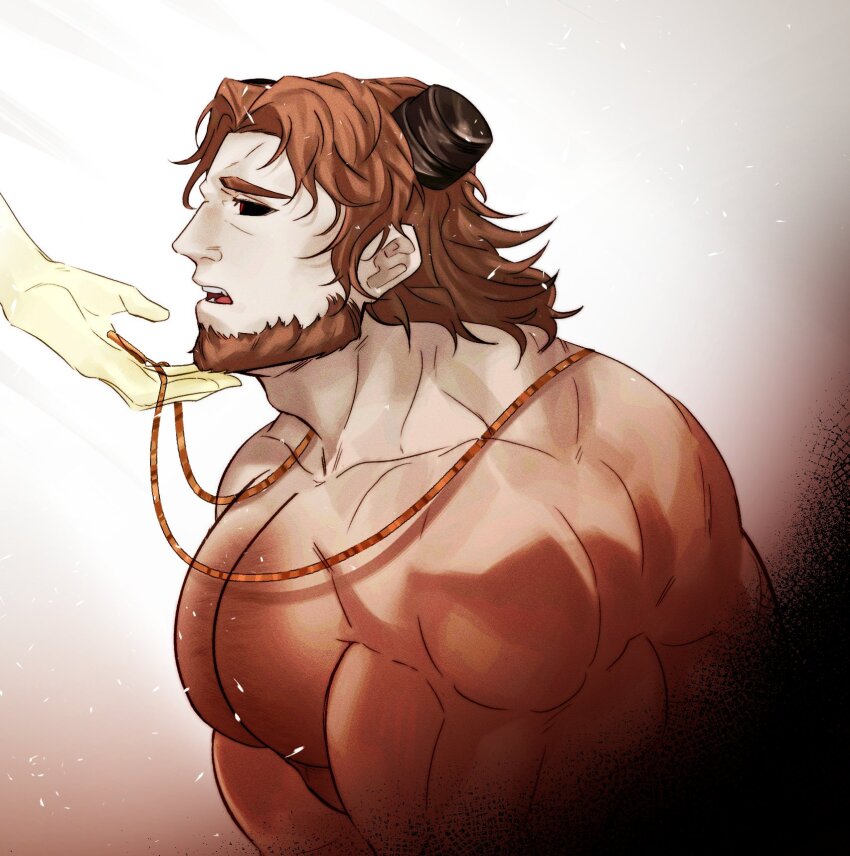 1boy, 1other, bara, beard, black_sclera, broken_horn, brown_hair, colored_sclera
