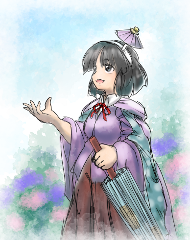 1girl, amanomiya_jun, aqua_umbrella, black_eyes, black_hair, breasts, brown_skirt, closed_umbrella