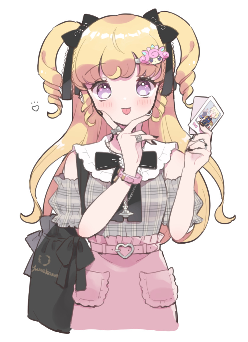 1girl, alternate_costume, bag, black_bag, black_ribbon, blonde_hair, character_hair_ornament, collared_shirt