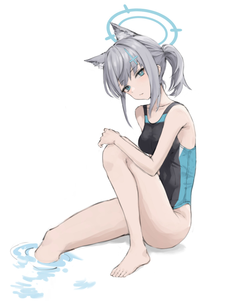 1girl, animal_ear_fluff, animal_ears, barefoot, black_one-piece_swimsuit, blue_archive, blue_eyes, breasts