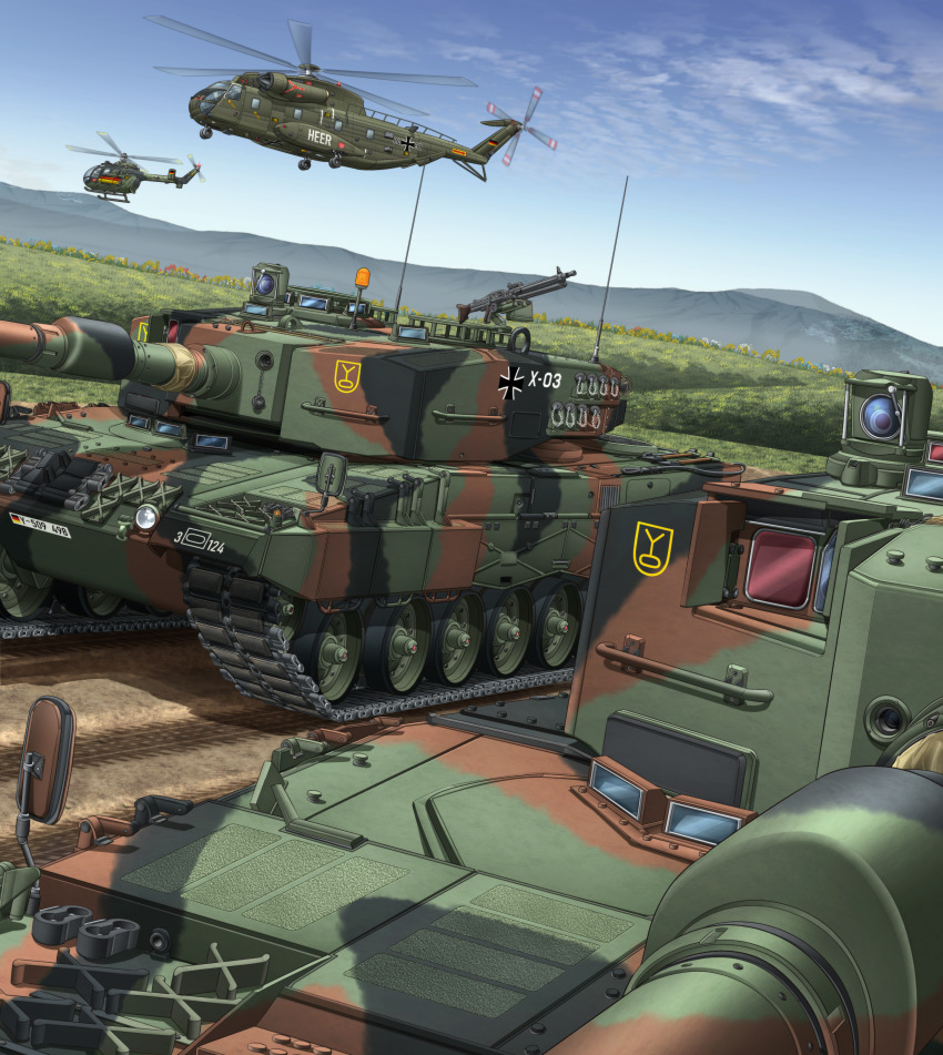 2others, absurdres, aircraft, ambiguous_gender, blue_sky, bundeswehr, caterpillar_tracks, ch-53