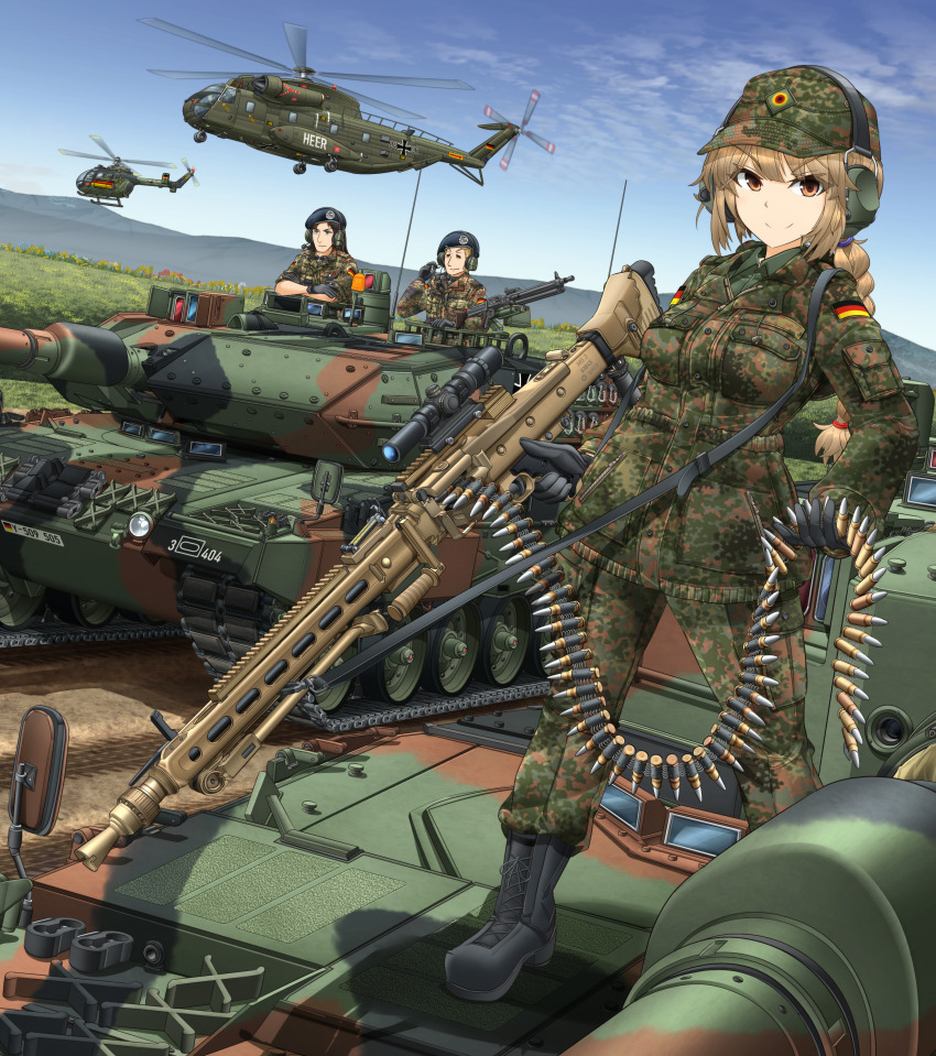 1girl, 2boys, =_=, absurdres, aircraft, ammunition, ammunition_belt, beret