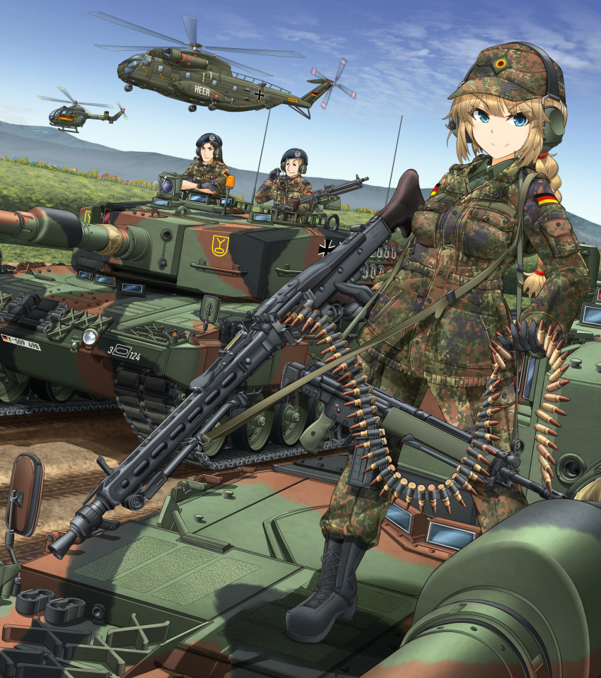 1girl, 2boys, =_=, absurdres, aircraft, ammunition, ammunition_belt, beret