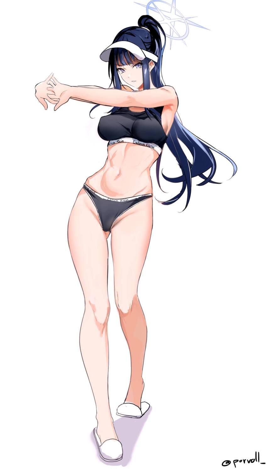 1girl, alternate_costume, black_hair, black_panties, black_sports_bra, blue_archive, blue_eyes, breasts