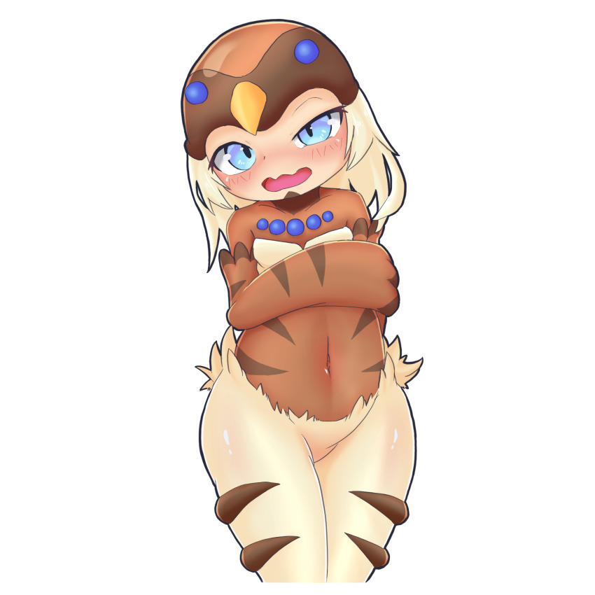 1girl, belly, bird_hat, bird_hood, bird_legs, blonde_hair, blue_eyes, blush