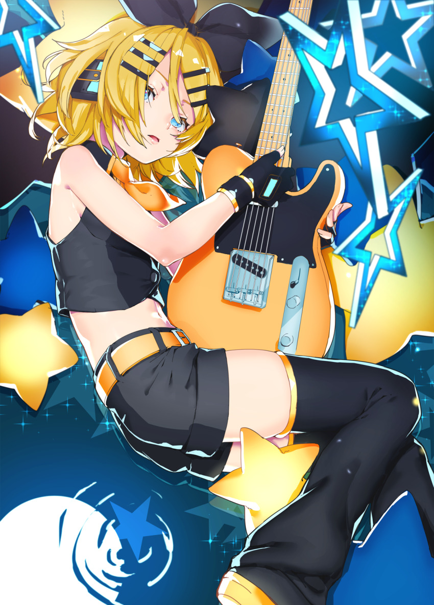 1girl, bare_shoulders, black_bow, black_gloves, black_leg_warmers, black_shorts, kagamine_rin_(black_star), blonde_hair