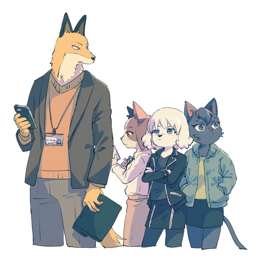 1boy, 3girls, animal_ears, black_jacket, black_skirt, blue_eyes, brown_jacket, brown_pants, cat_ears, cat_girl, cat_tail, closed_mouth, collared_shirt, commentary_request, cowboy_shot, cropped_legs, crossed_arms, dog_girl, fox_boy, fox_ears, furry, furry_female, furry_male, hand_up, hands_in_pockets, highres, holding, holding_phone, ichimura_shiho, id_card, jacket, kinjo_(momoyorieki), lanyard, long_sleeves, looking_at_another, looking_at_phone, mitsuya_yuki, multiple_girls, nikaidou_rui, odd_taxi, open_mouth, pants, phone, shirt, short_hair, simple_background, skirt, standing, tail, white_background, white_shirt, yamamoto_fuyuki